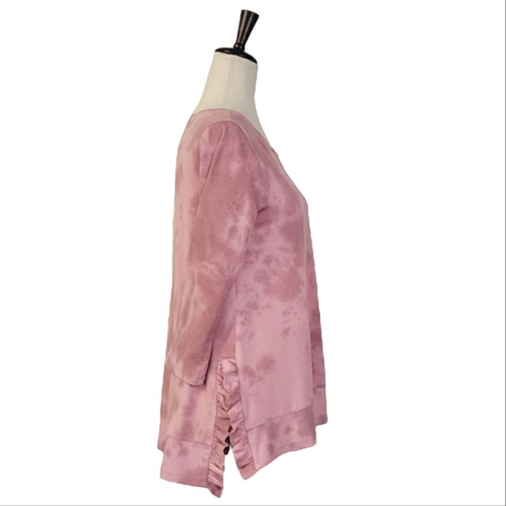 Cupio Pink Tie-Dye Crewneck Side Ruffle Detail 3/4 Sleeve Top Size S - Picture 4 of 9